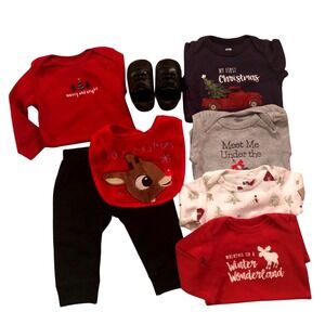 Baby Boy First Christmas 8pc Outfit Set 3-6 Month Navy Red Black Festive EUC